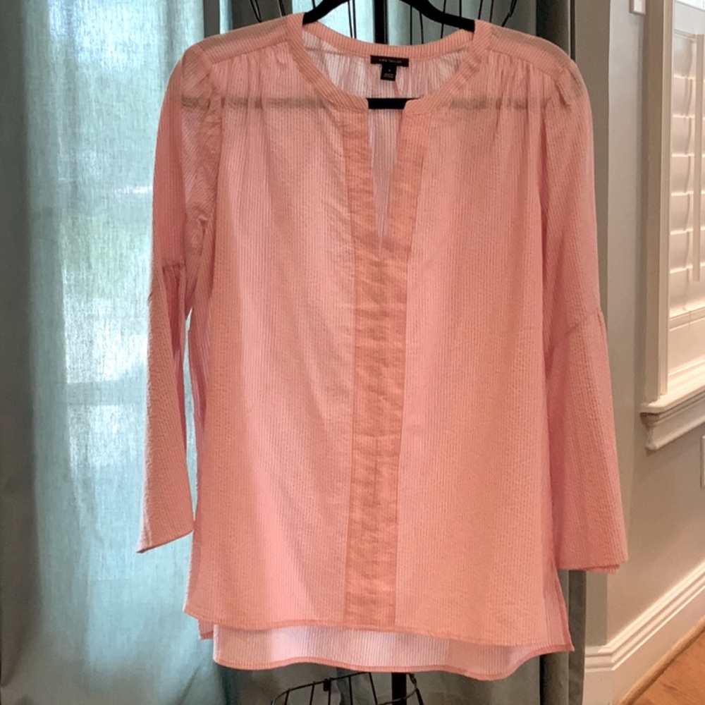 Ann Taylor, pink and white bell sleeve blouse, size medium